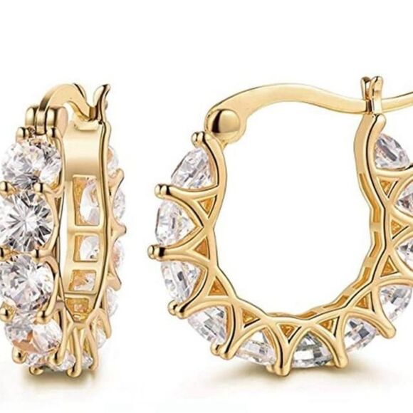 Elegant Gold Hoop CZ Diamond Earrings - Picture 4 of 5